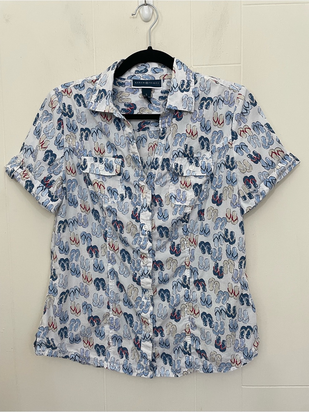 Short Sleeved Cotton Button Up Top Size S Flip Flop Novelty Print Summer Beach